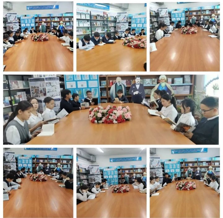 Гимназия кітапханасында оқушылардың "Оқуға арналған үзіліс" жобасы аясында күнделікті 10 минуттық кітап оқу барысы